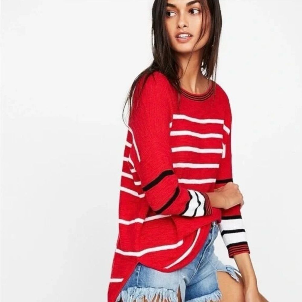 Express Red Striped Drop Shoulder Circle Hem Tunic Sweater